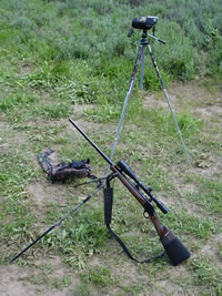 Model 1885, 243 WSSM ready to shoot milk jug and video with digiscope setup.