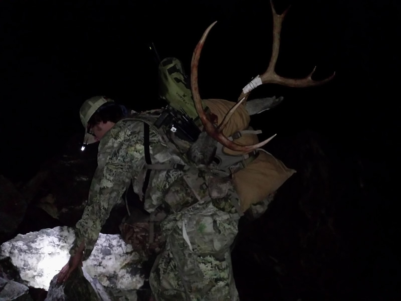 Packing out mule deer with Alps Pathfinder pack in dark